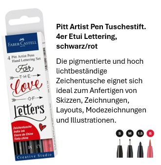 Pitt Artist Pen Tuschestift, 4er Etui Lettering, schwarz/rot.